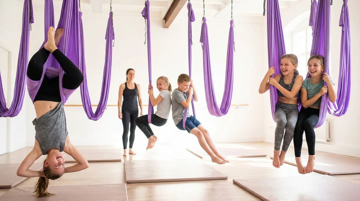Kids aerial yoga hammock class at UNDRGRND Movement, Gold Coast