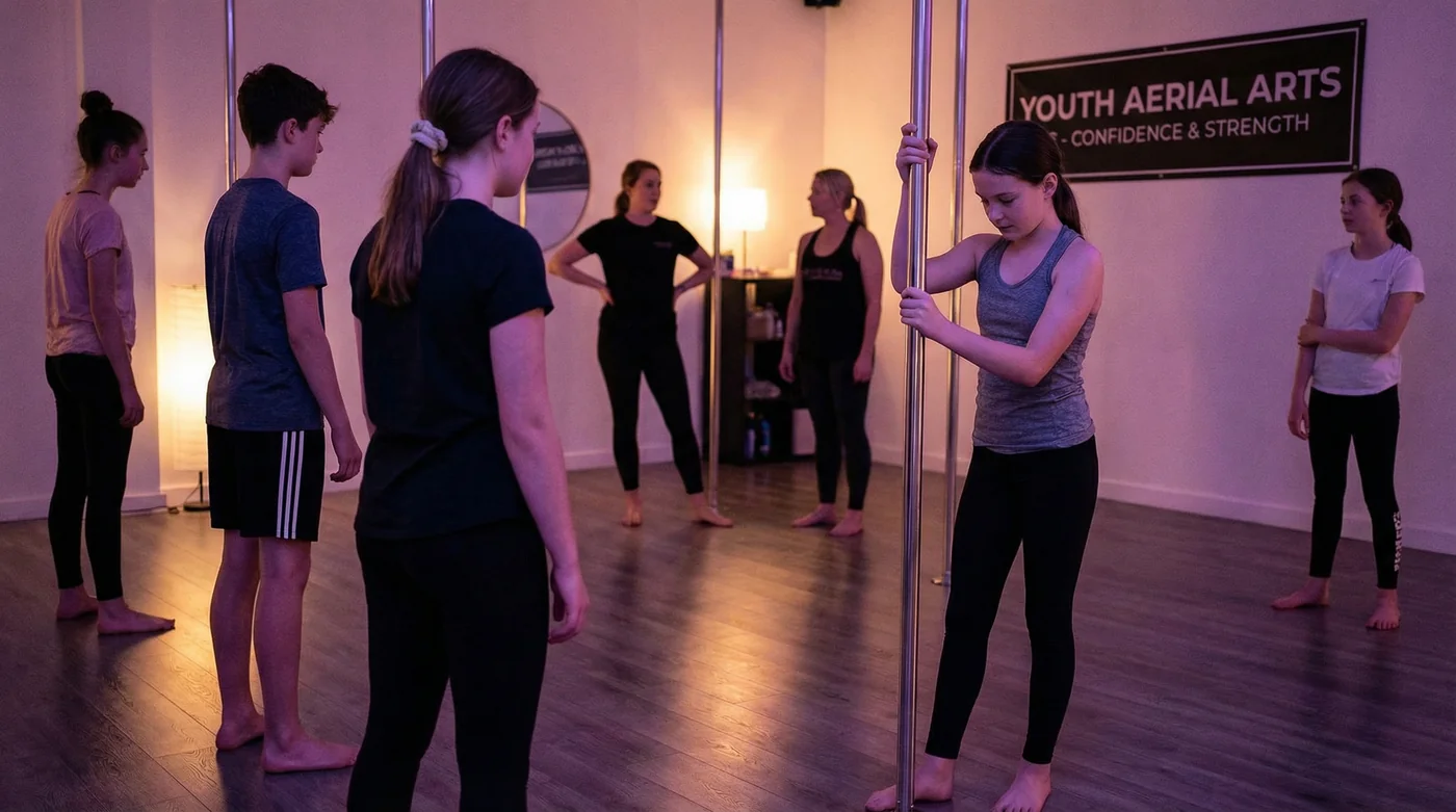 Kids pole fitness foundations class at UNDRGRND Movement, Gold Coast