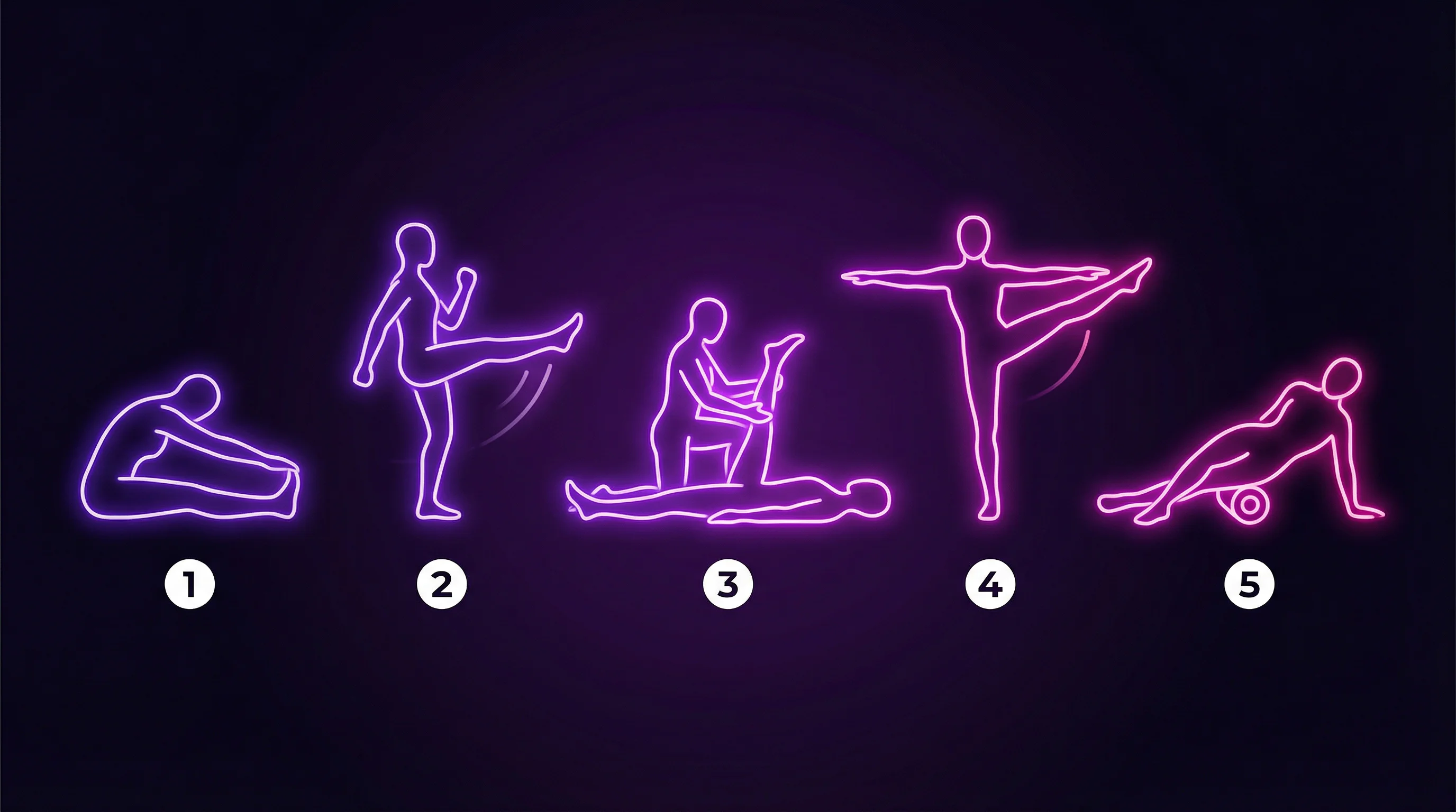 Five flexibility training methods illustrated as glowing neon figures: static stretch, dynamic leg swing, PNF partner stretch, active leg raise, and foam rolling