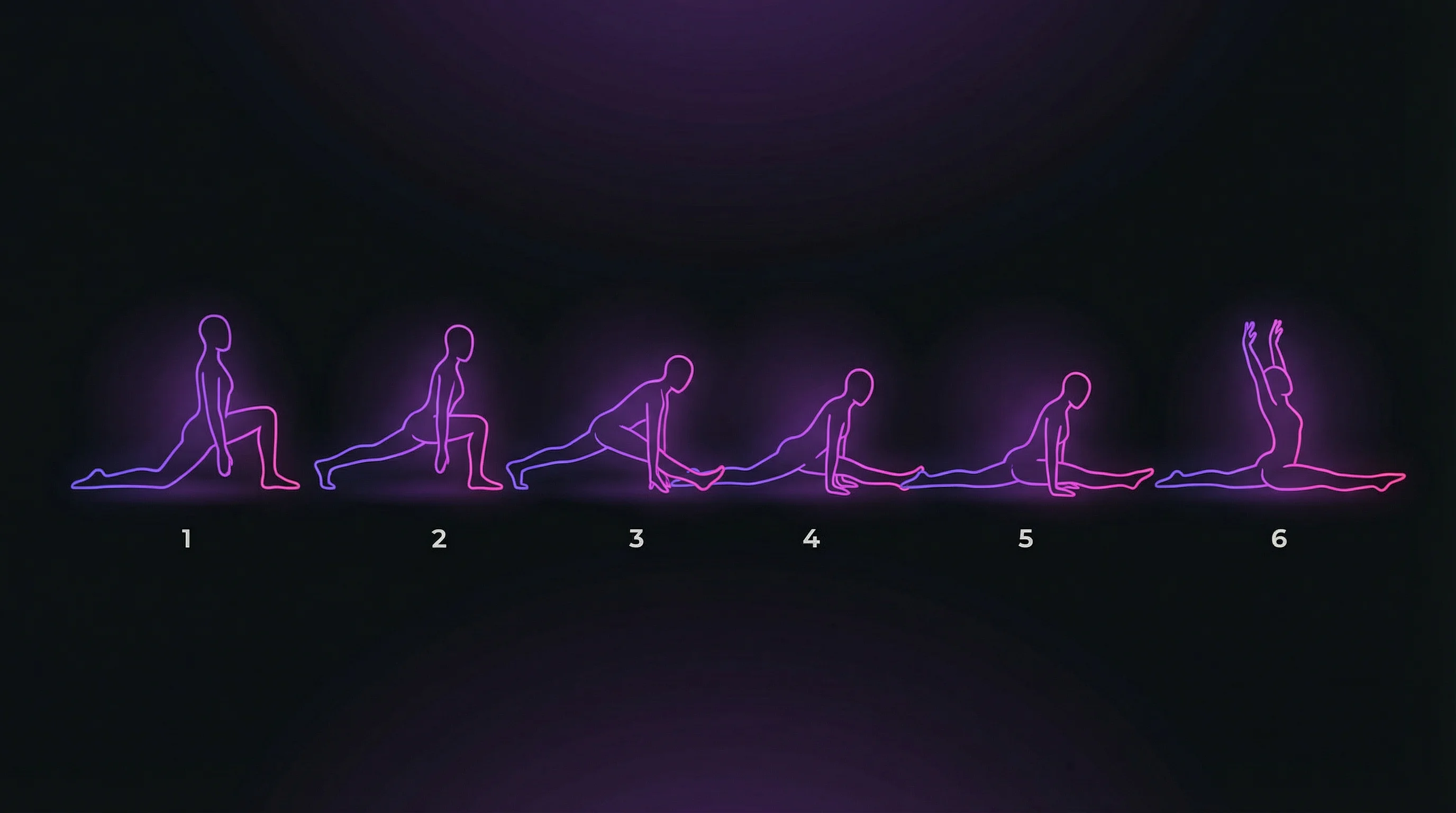 Six progressive steps toward a front split illustrated as glowing neon figures: from low lunge through to full flat front split