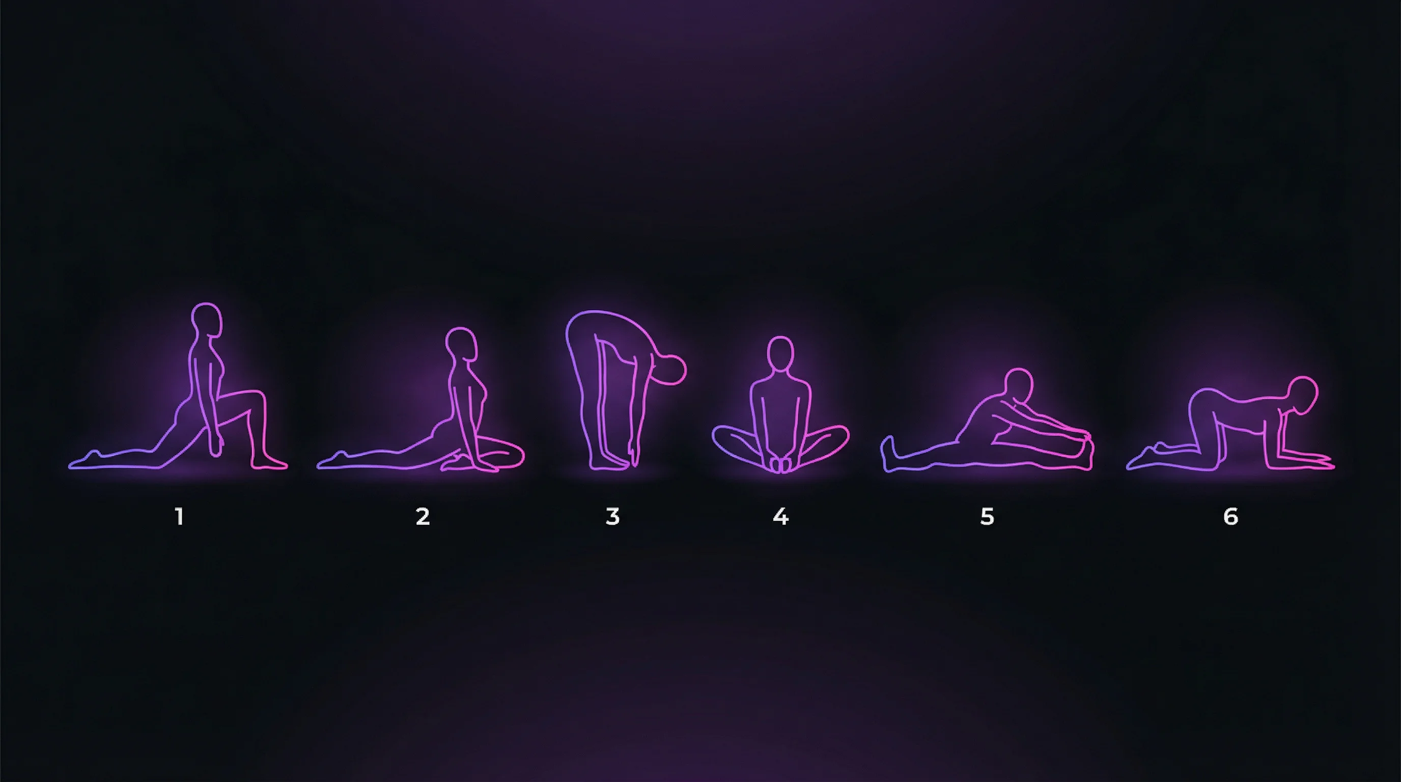 Six warm-up stretch poses illustrated as glowing neon figures: runner's lunge, half pigeon, standing forward fold, butterfly, wide-legged fold, and frog pose